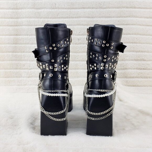 Power Stomper Black Chain Stud Strap Goth Punk Platform Block Heel Ankle Boots - Picture 6 of 13